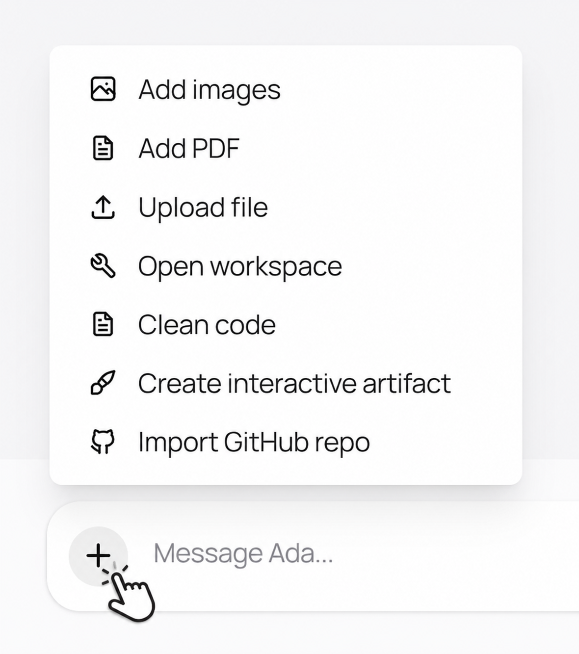 Ada attachment and workspace menu