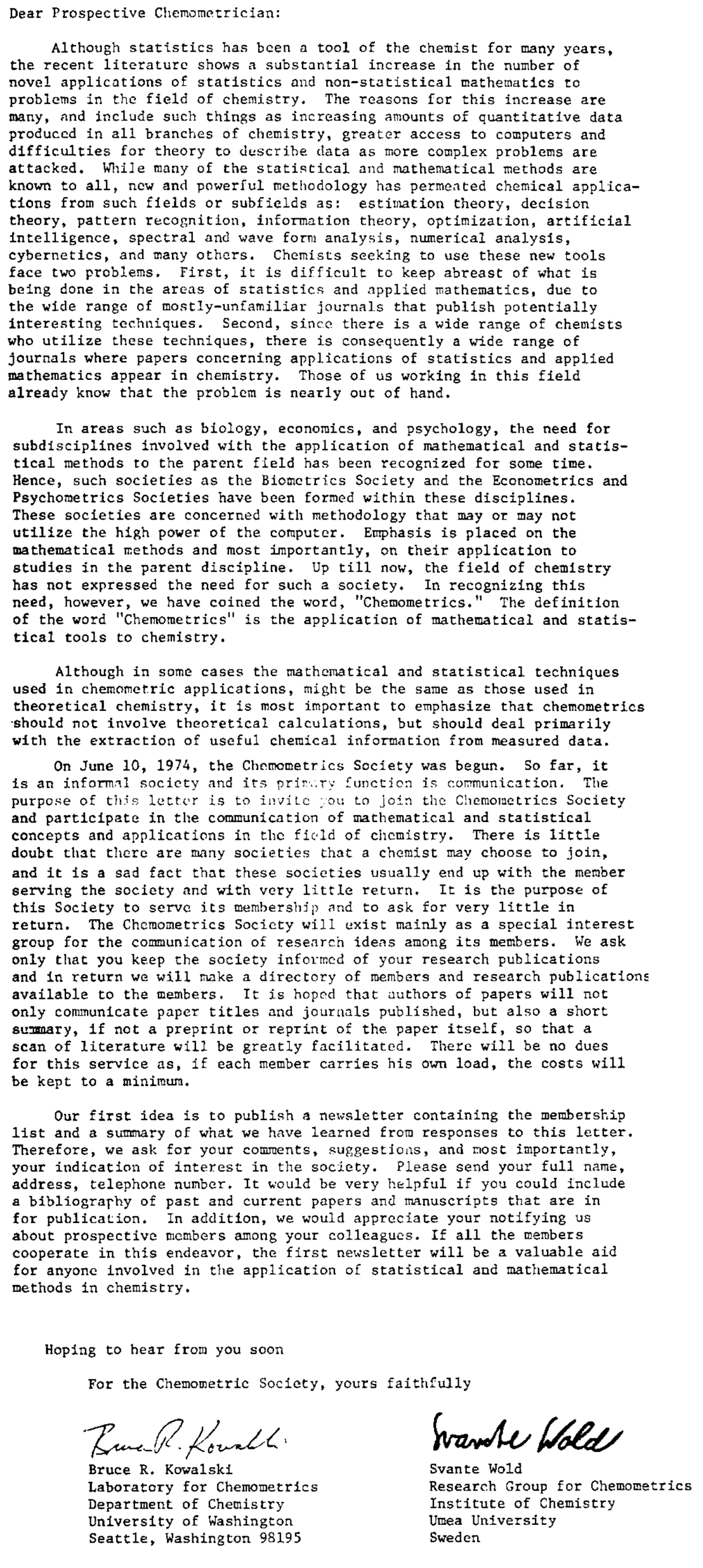 Original 1974 Chemometrics Society invitation letter